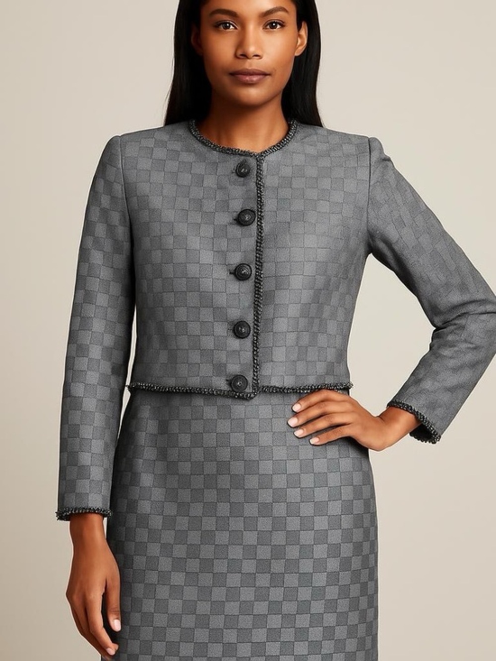 Vintage Hope Basketweave Ribbon 2 Piece Skirt Suit Gray Beaded‎ Trim Size 14